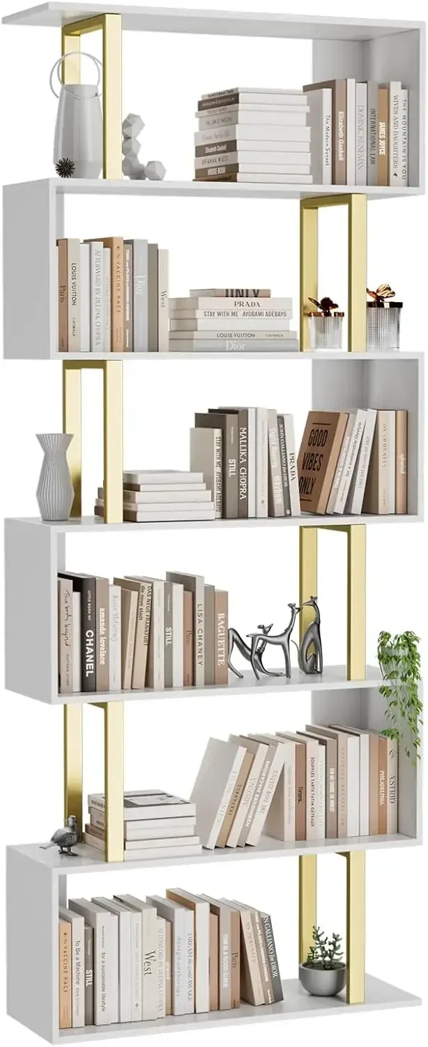 

6-Tier Geometric Bookcase,S Shaped Bookshelf, Wood Decorative Storage Shelving, Modern Freestanding Display Shelves, Tall Book