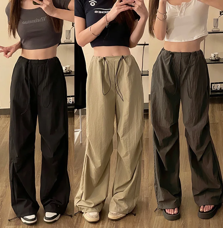 Black overalls women drawstring wide-leg pants thin quick-drying pants casual pants summer versatile straight-leg pant