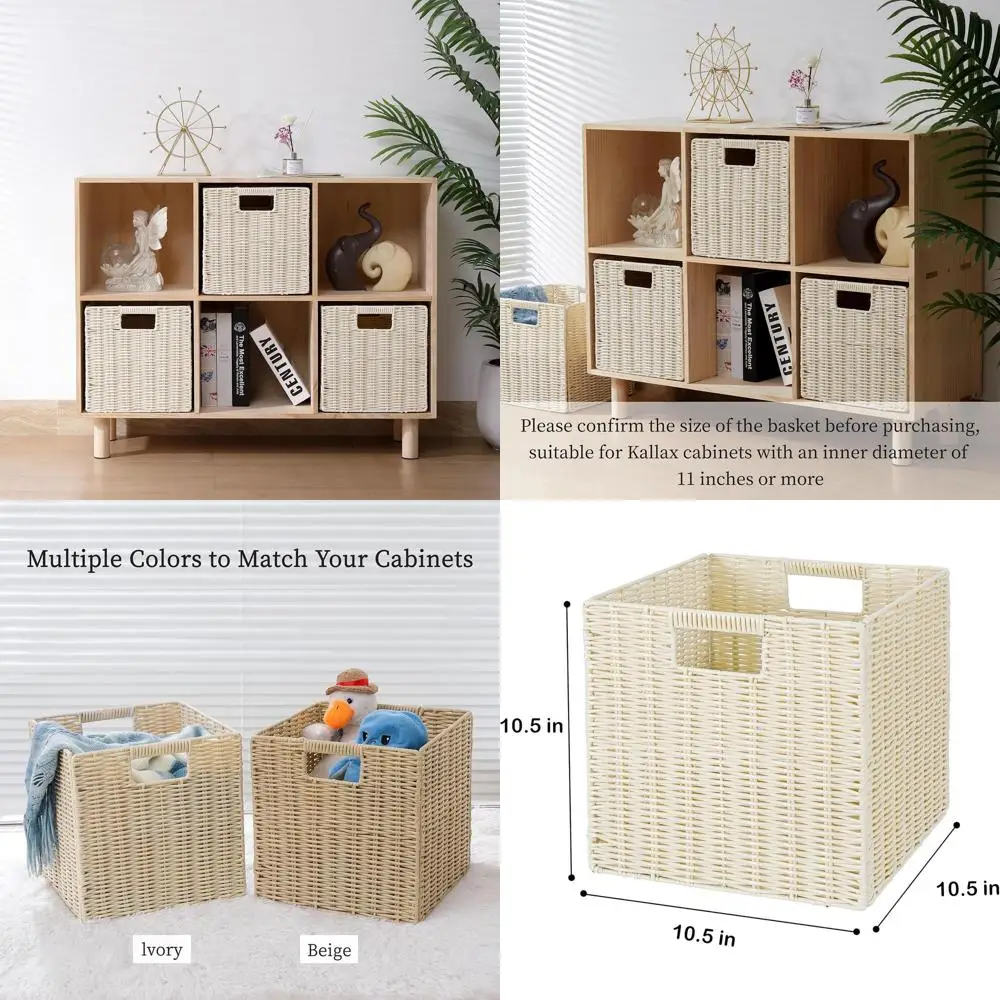 

Set of 3 Collapsible Square Plastic Wicker Storage Baskets, Ivory Cube Organizers for Shelves