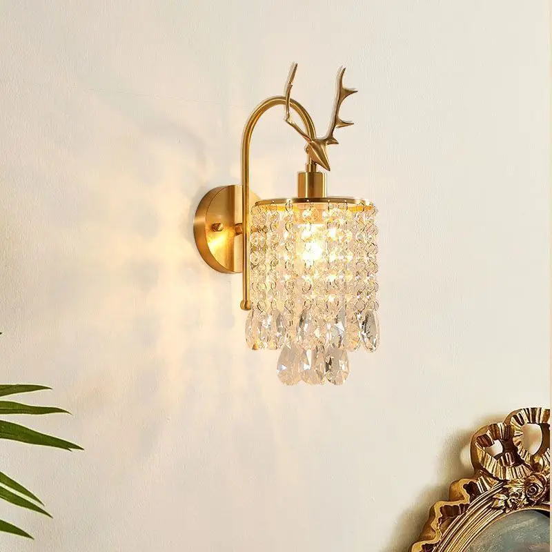 French Brass Crystal Deer Head Wall Light Living TV Background Hallway Bedside Atmosphere LED Home Decor Sconce Lamp Fixture