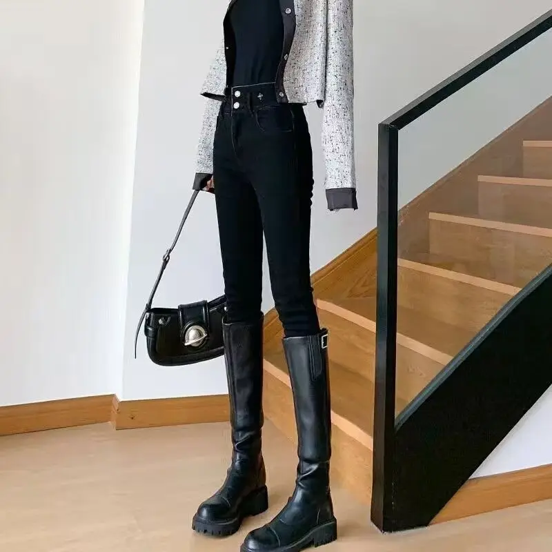 

Женские джинсы из денима с флисовой подкладкой, эластичным поясом, утепленные, облегающие, длиной до щиколотки, повседневные, зимние, теплые, с эффектом похудения