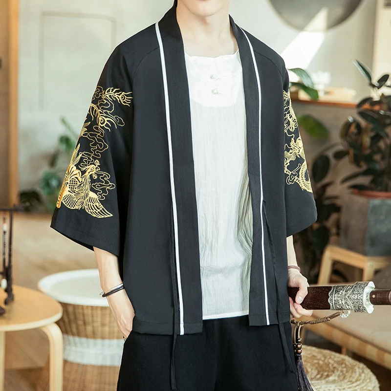 Japan Samurai Shirt Men Embroidered Japanese Kimono Short Sleeve Cardigan Men Summer Thin Fashion Casual Yukata Cardigan Top Men