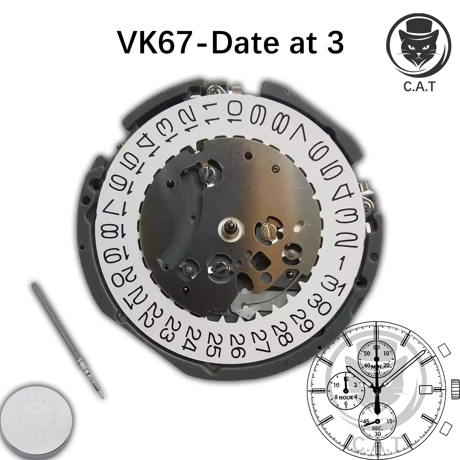 Movimento de quartzo série VK VK61 VK63 VK64 VK67 Relógio cronógrafo Movimento Coroa às 3 Peças de relógio C.A.T personalizáveis atacado