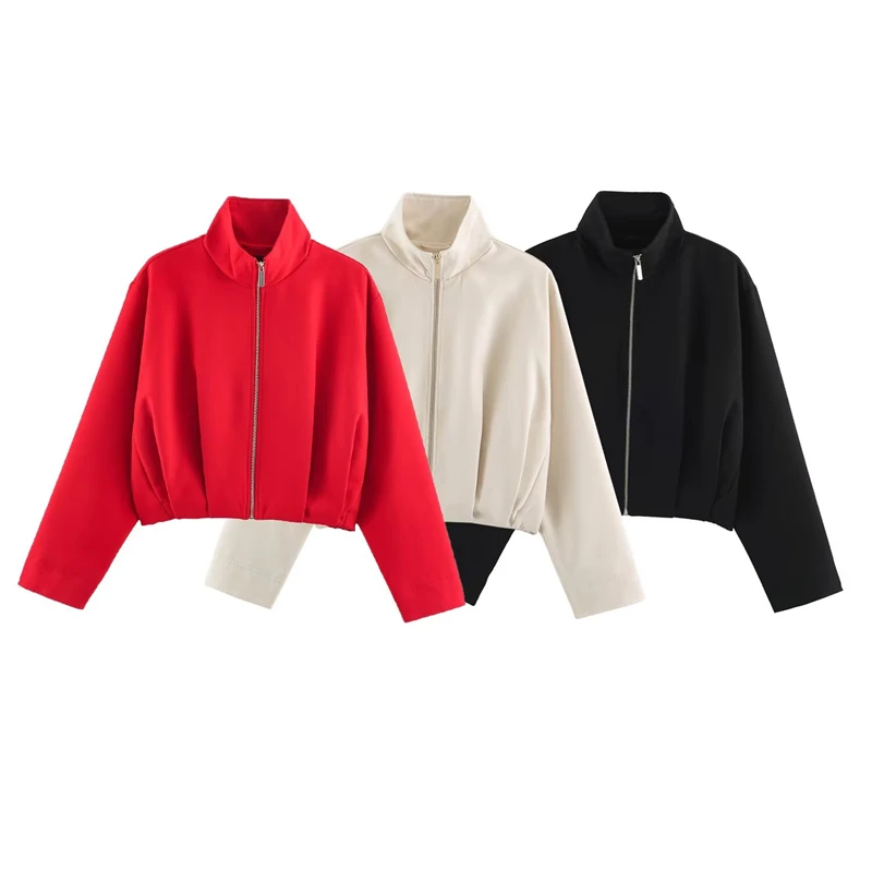 Women Stand Collar Cropped Zip‑Up Jacket Pleated Waist Design Long Sleeve Drop Shoulder Solid Color Loose Casual Short Outerwear