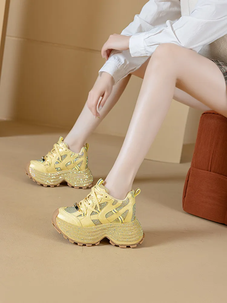 Women Platform Sneakers 10CM Hidden Wedge Dad Shoes Trendy Chunky Breathable Summer Rhinestone Sports Casual Shoes