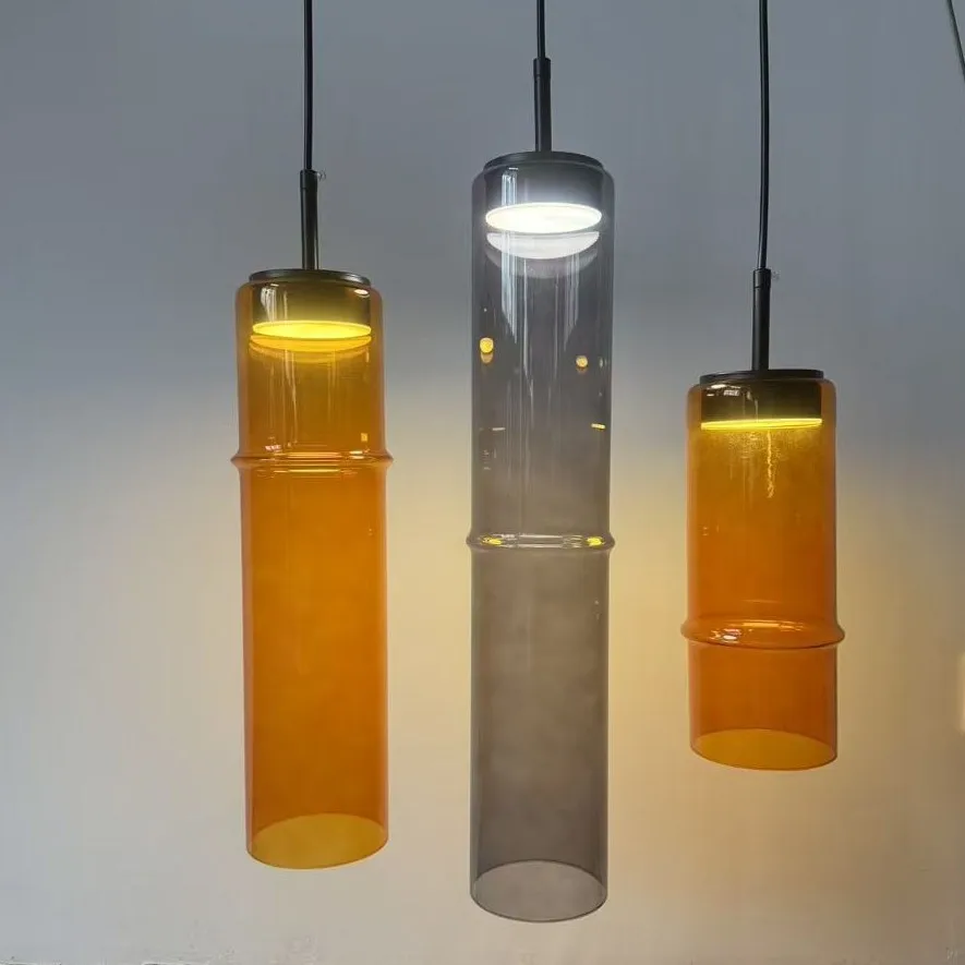 Glass Bamboo Pendant Light LED Cylinder Tube Nordic Minimalist Luxury Hanging Lamp 3 Light for Dining Room Living Room Kitchen