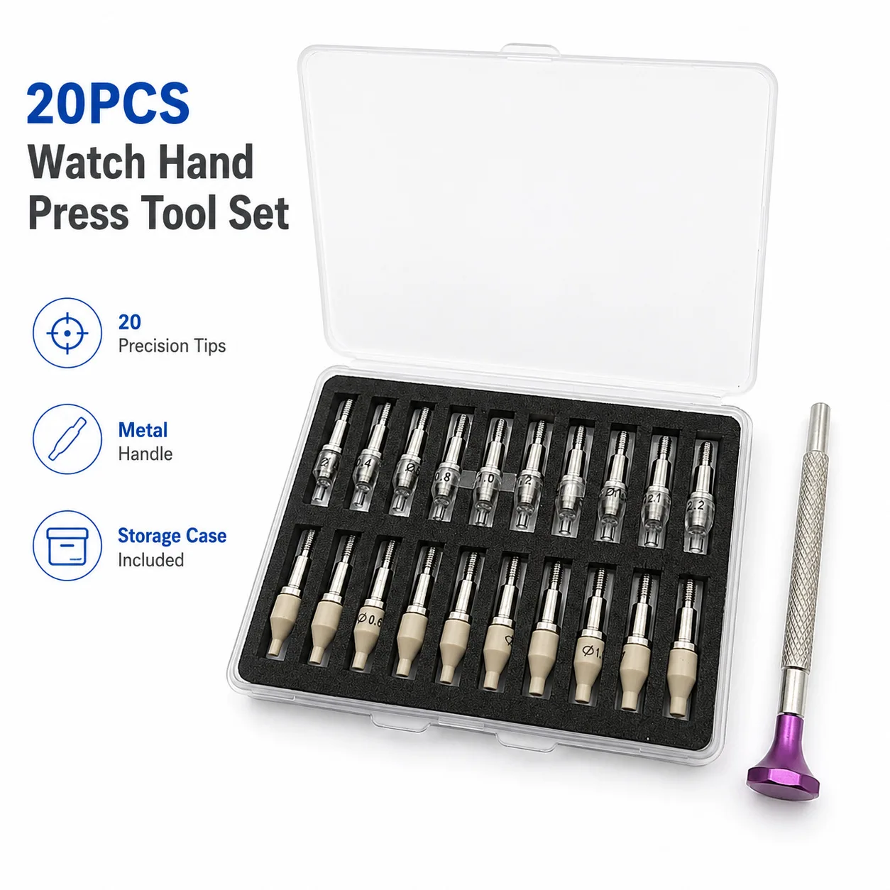 20pcs Watch Hands Fitting Setting Presser Pusher Setter PEEK &Steel Watch Needle Holder Watch Repair Tool for Watchmakers