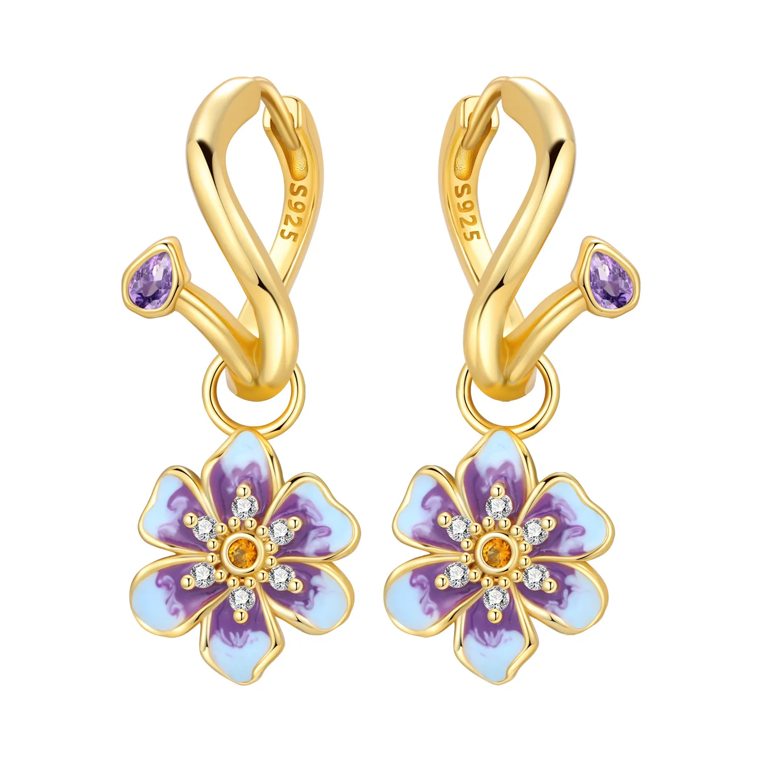 CYCUFF925 Sterling Silver 18K Gold Blue Purple Flower Earrings Original Jewelry Drop Earrings Jewelry Party Anniversary Gifts