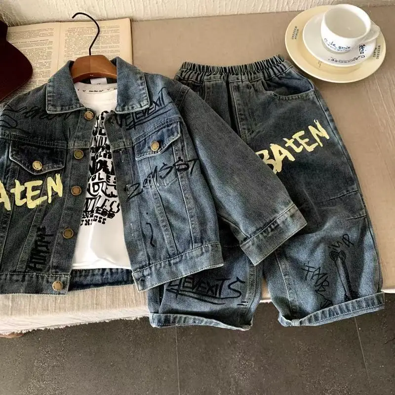 Boys Denim Set 2026 Spring Autumn New Korean Style Kids Clothes Fashion Trendy Letter Print Denim Jacket Jeans Two Piece Set