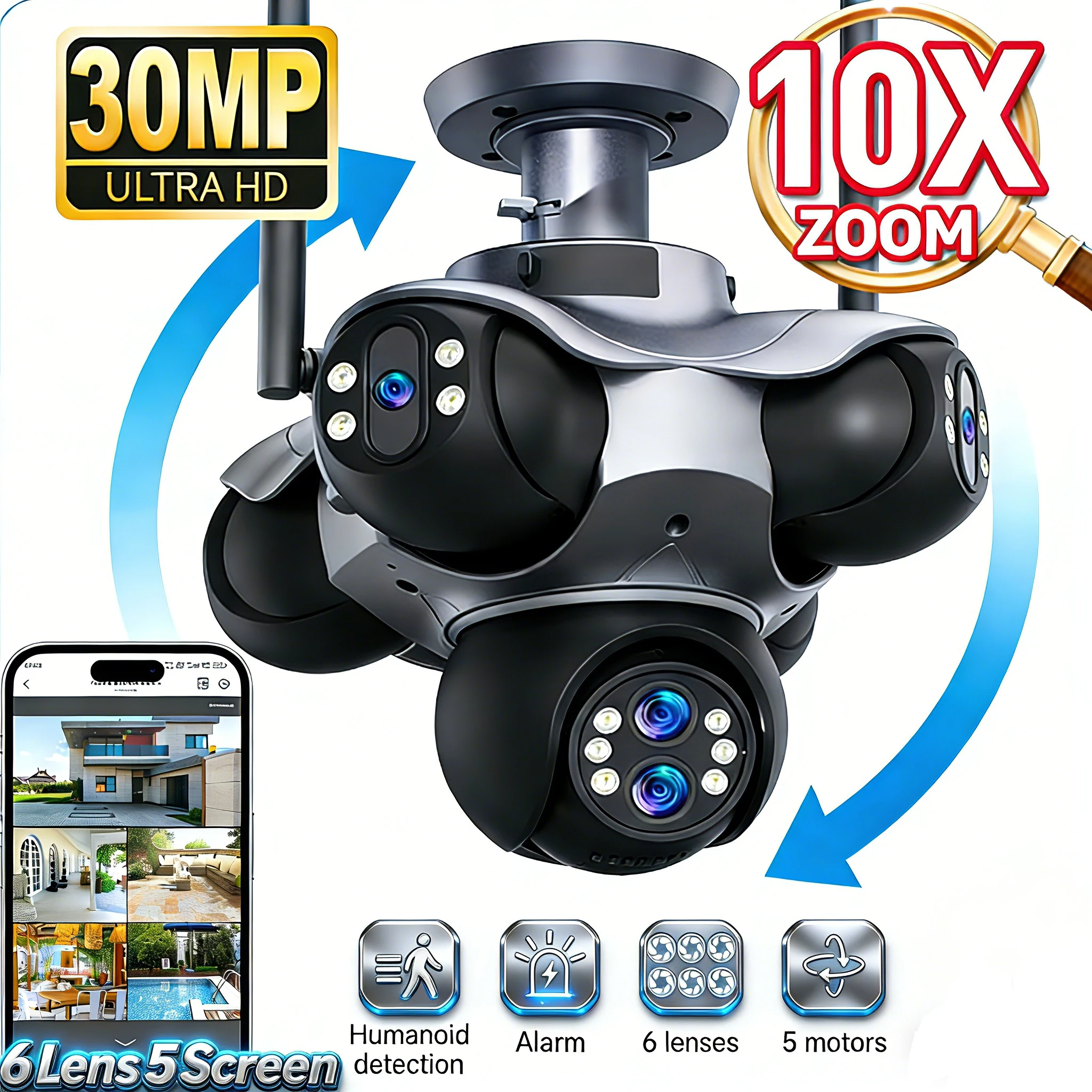 

30MP WiFi Security Camera 10X Optical ZOOM Five Screen 6 Lens CCTV Cam Video Surveillance 720° Home Security Cam