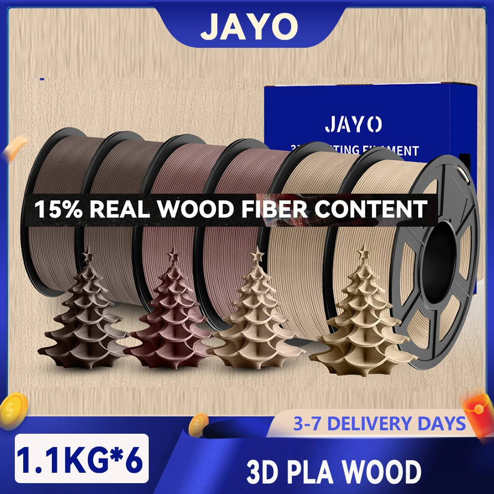 Image of JAYO 6 Rollen 3D-Holz-PLA-Druckerfilament, 1,75 mm, 15 % echte Holzfaser und umweltfreundliches HOLZ, passend für die meisten FDM-3D-Drucker