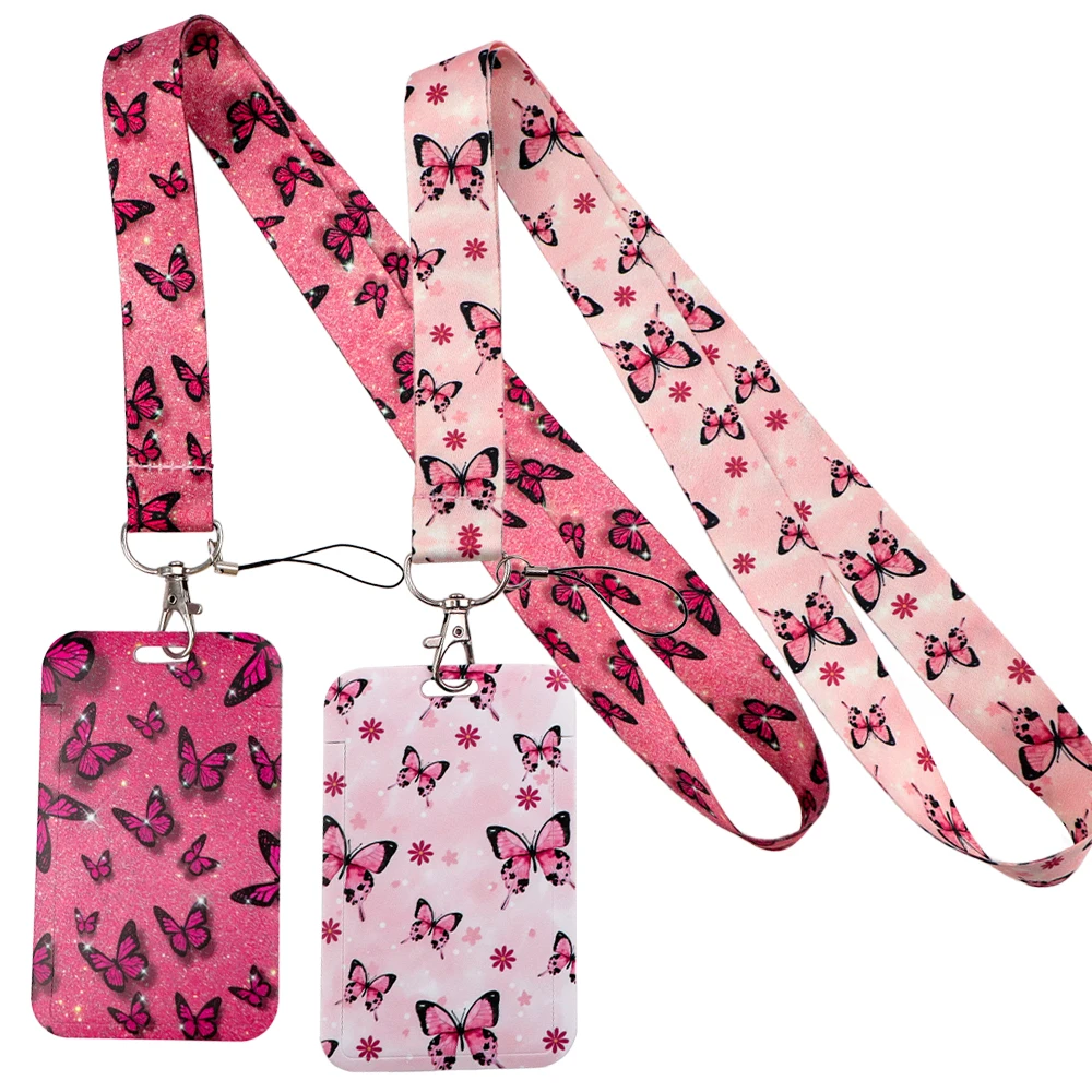 Pink Butterfly Pattern Neck Strap Lanyard for Keys Keychain Badge Holder ID Credit Card Pass Hang Rope Lariat Mobile Phone Charm