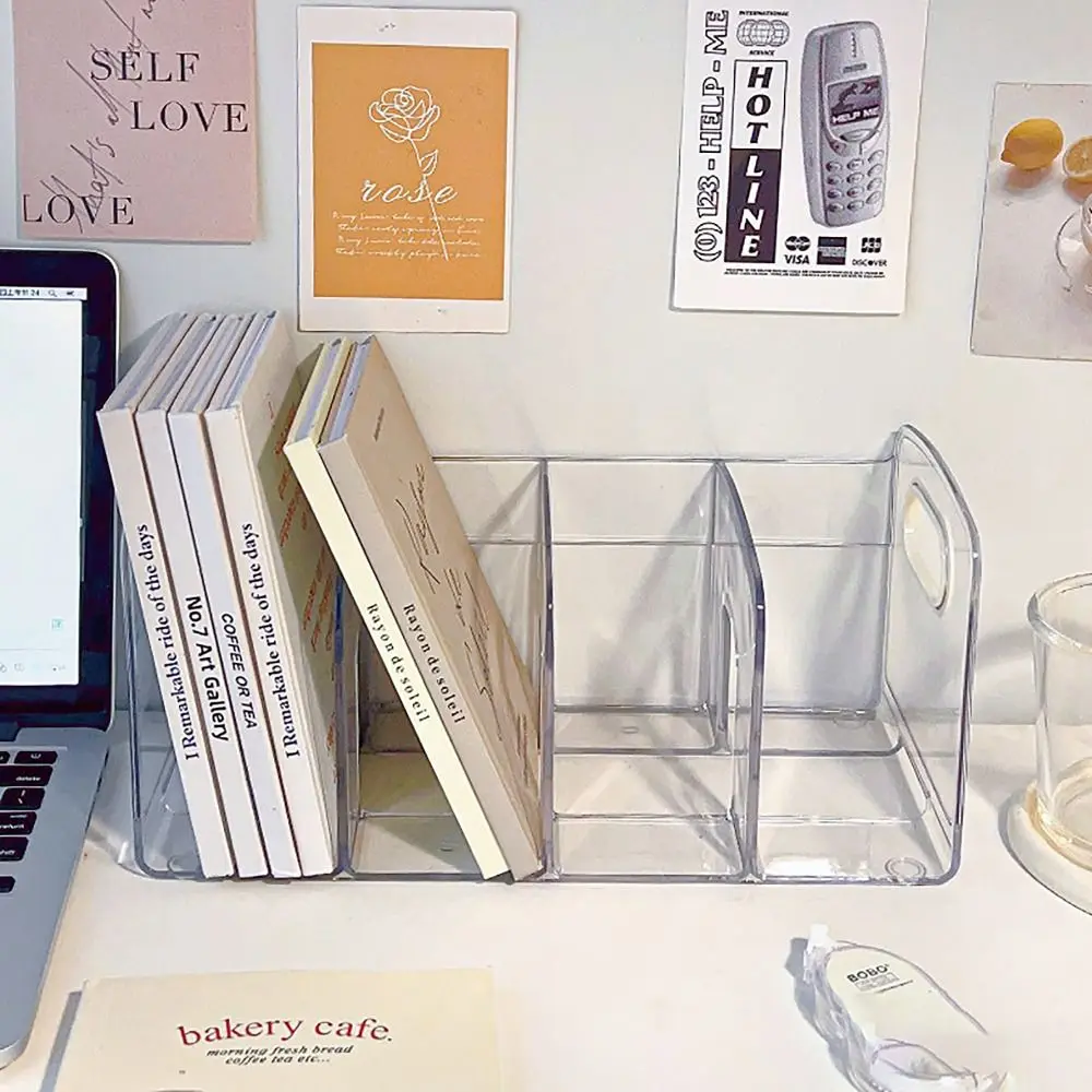 Portable Clear Acrylic Bookends with Handle Desk Organizer Divided Book Stand Desktop Book Holder Student