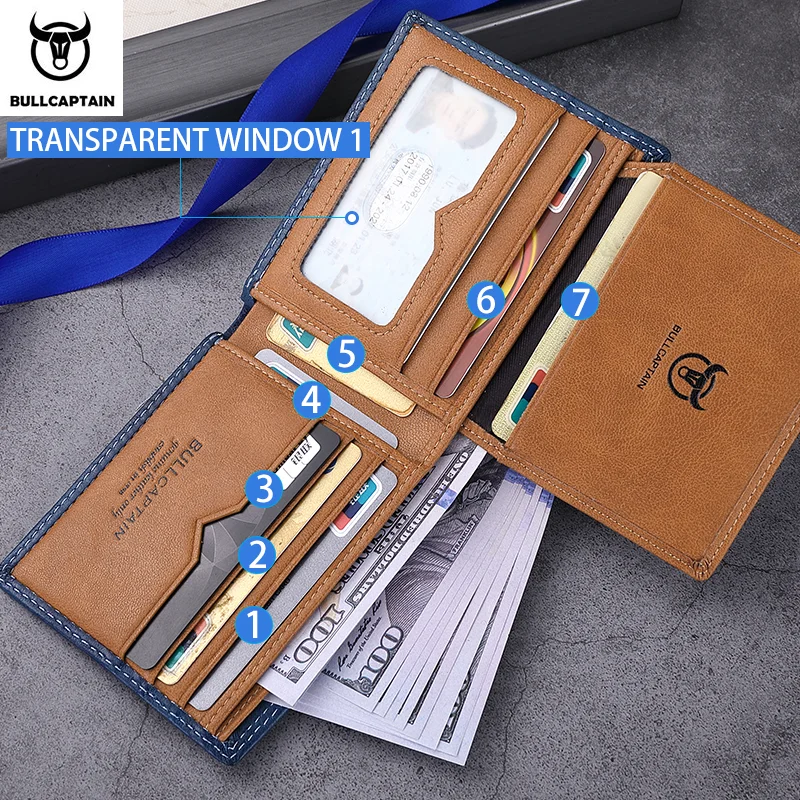 BULLCAPTAN Genuine Leather Men's Wallet RFID Function Fashion Men's Card Clip Wallet Latest Gift Box Men's Business Wallet QB032