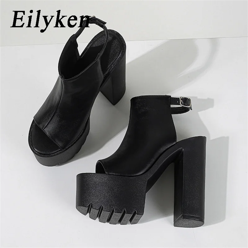 Eilyken Black Peep Toe Chunky Heels Platform Sandals For Women Summer Square Heel Fashion Casual Back Strap Club Shoes