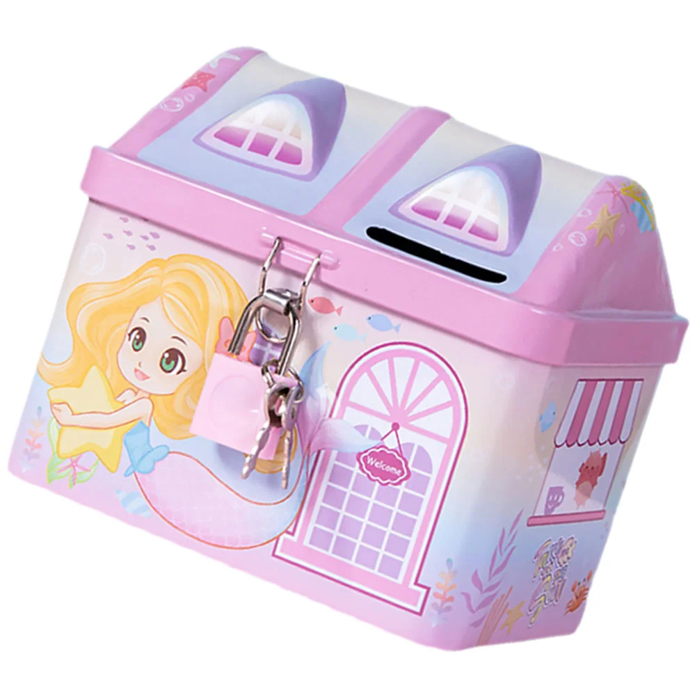 Piggy Bank for Kids Lovely House Shaped Tinplate Holder with Lock Money Saving Jar for Girls Cute Money Box Toy