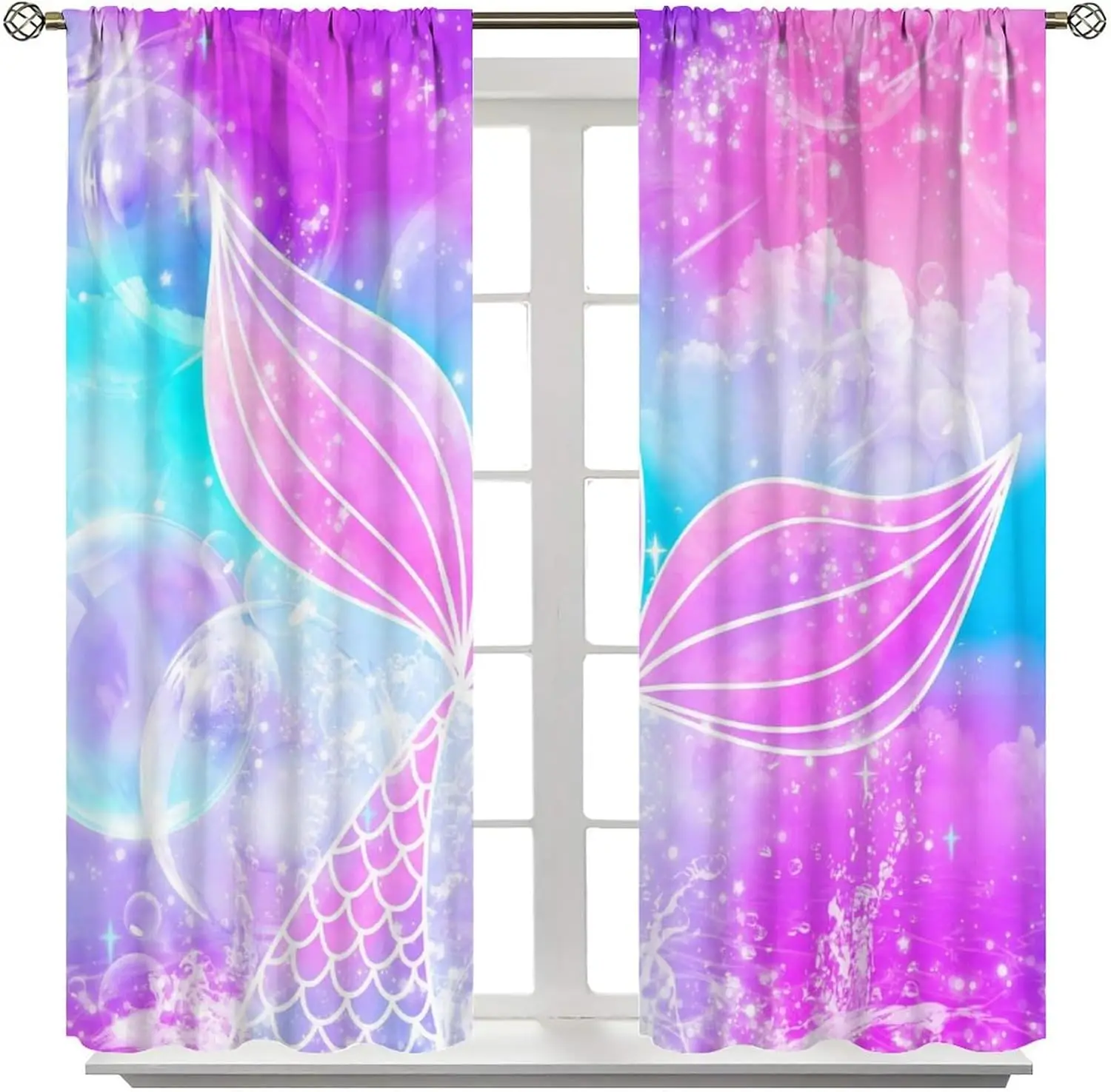 Suitable for Girls Mermaid Curtains, Rainbow Pink Purple Mermaid Tail Fish Scales Fantasy Ocean Print Curtains for Living Room