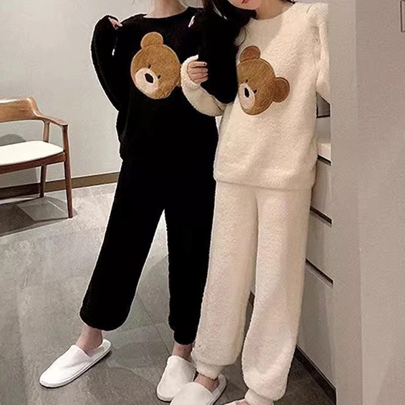 Thickened Warm Autumn Winter Coral Velvet Homewear Set Women Long Sleeve Top Pants Pajamas Cartoon Bear Ladies Birthday Gift