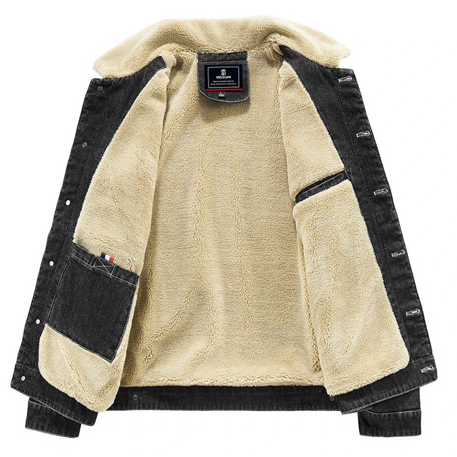 Fleece Denim Jacket Men Autumn Winter Thick Denim Coat Male Fashion Casual Jean Jackets Black