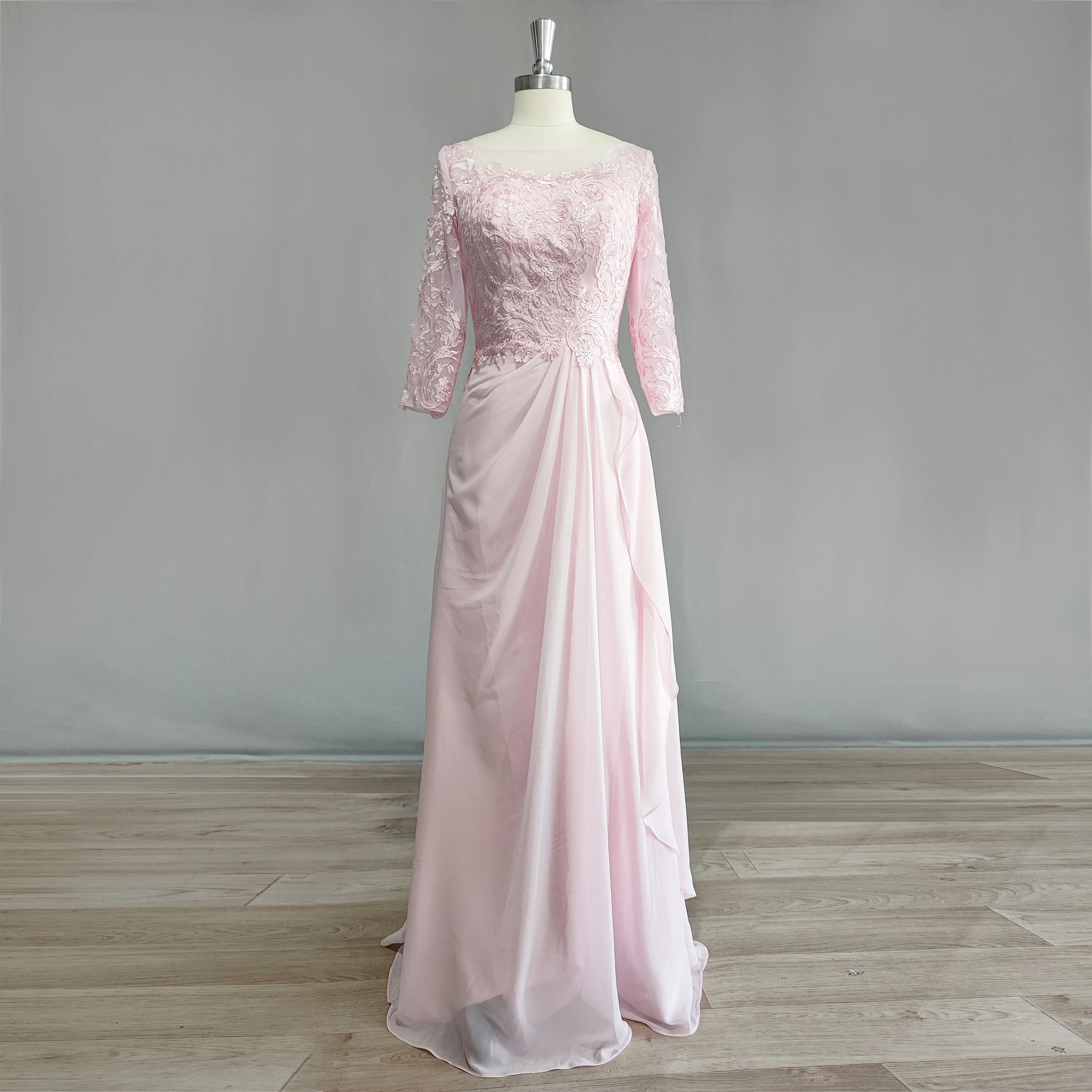 DIDEYTTAWL Real Photos Pink Lace Applique Prom Dress 2023 Chiffon A Line Half Sleeve Ruched Floor Length Evening Gown