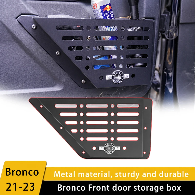 Metal Front Door Storage Box, Door Side Insert Storage Box Flap Pocket Pants, Suitable for Ford Bronco 2021 2022 2023 Internal Storage Expansion Front Door Storage Bag Side Insert Storage Accessories