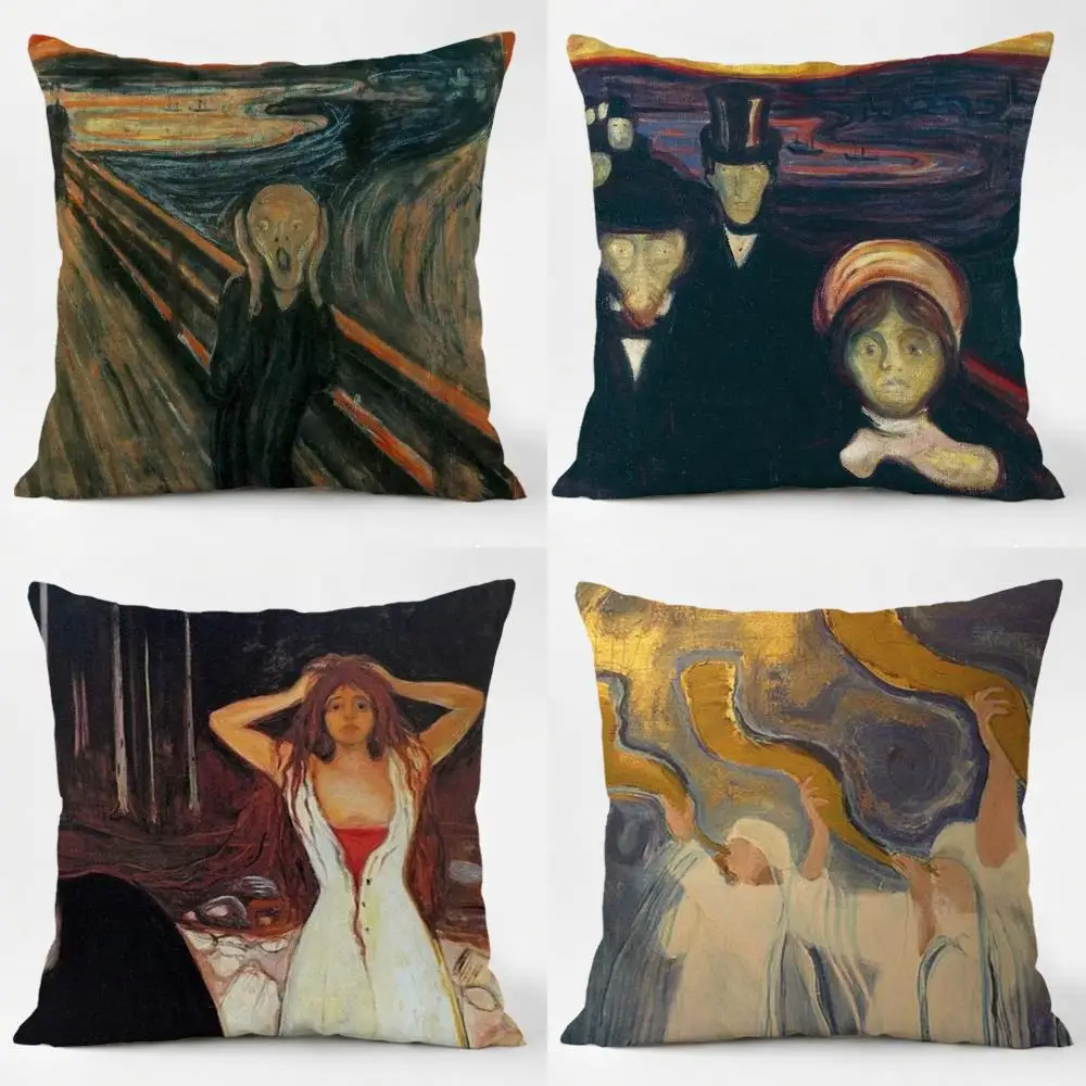 E-Edvard M-Munch Anxiety Cushion Cover Daily Washable Linen Pillowcase Soft  for Sofa Bed Home Room Decor