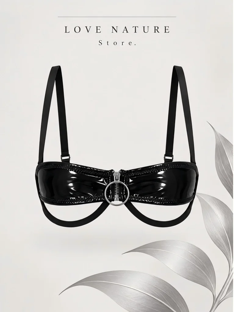 【LOVE NATURE Store】Women’s Black Patent Leather Cutout Bra Top with O-Ring Zip Detail