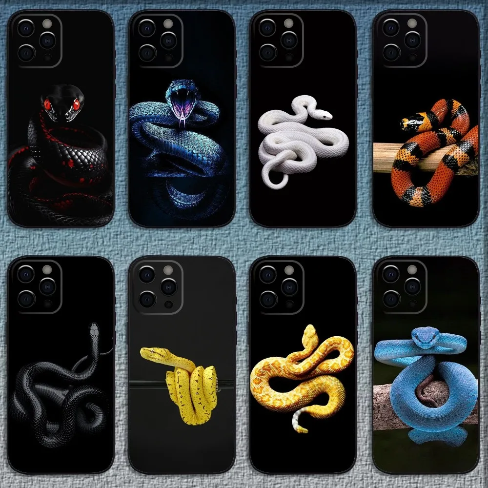 Black White Yellow Snake Pattern Phone Case For iPhone 16,15,14,13,12,11,Pro,X,XS,Max,XR,Plus,Mini Soft Black Cover