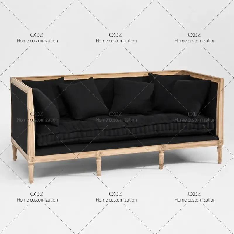 Rural Retro Solid Wood Sofa Oak Frame Fabric Couch Vintage Style Living Room Furniture Customizable Complete Set for Home
