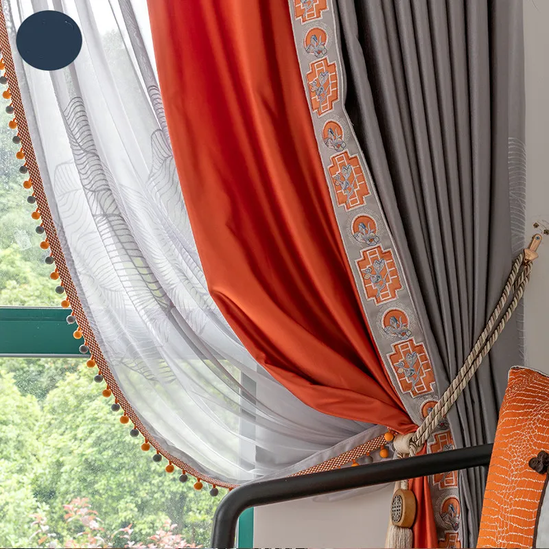 European modern classical jacquard orange grey lace embroidered curtain M1307