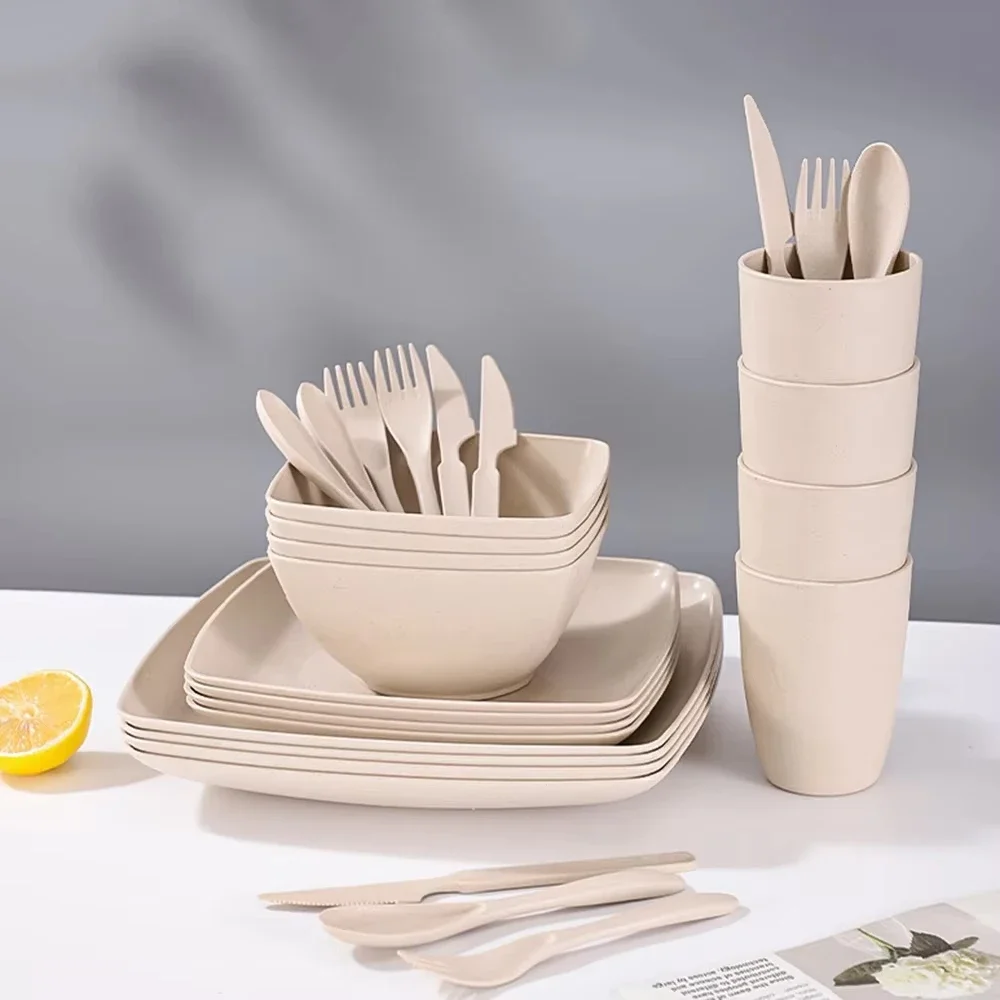 

Набор пластиковой посуды из 28 предметов - прочный, можно мыть в посудомоечной машине, можно штабелировать в микроволновую печь, включает в себя столовые тарелки, тарелки для салата, миски для закусок