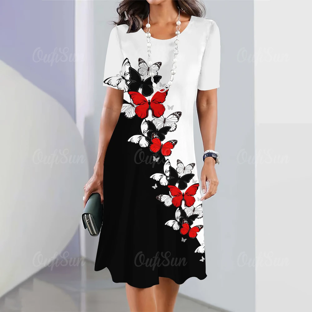 

2024 New Women's Dresses Butterfly & Floral Print Elegant Midi Dresses Plus Size Female Summer One-piece Dress Free Shipping