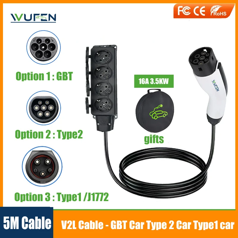 WUFEN EV Adapter GBT Type2 Type1 V2L Discharge Cable EU Socket European Countries Use BYD MG 4 Hyundai Outdoor Charging Station