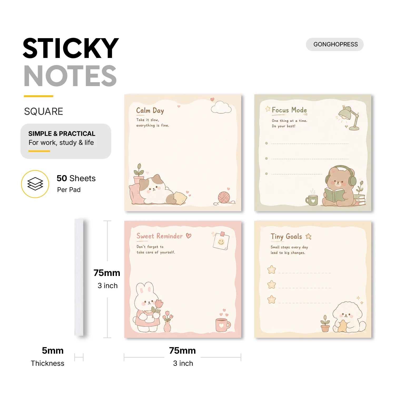 4pcs Cute Animal Sticky Notes 200 Sheets Kawaii Memo Pad Set Adorable Kitten Bear Rabbit Dog Note Paper Office School Stationery