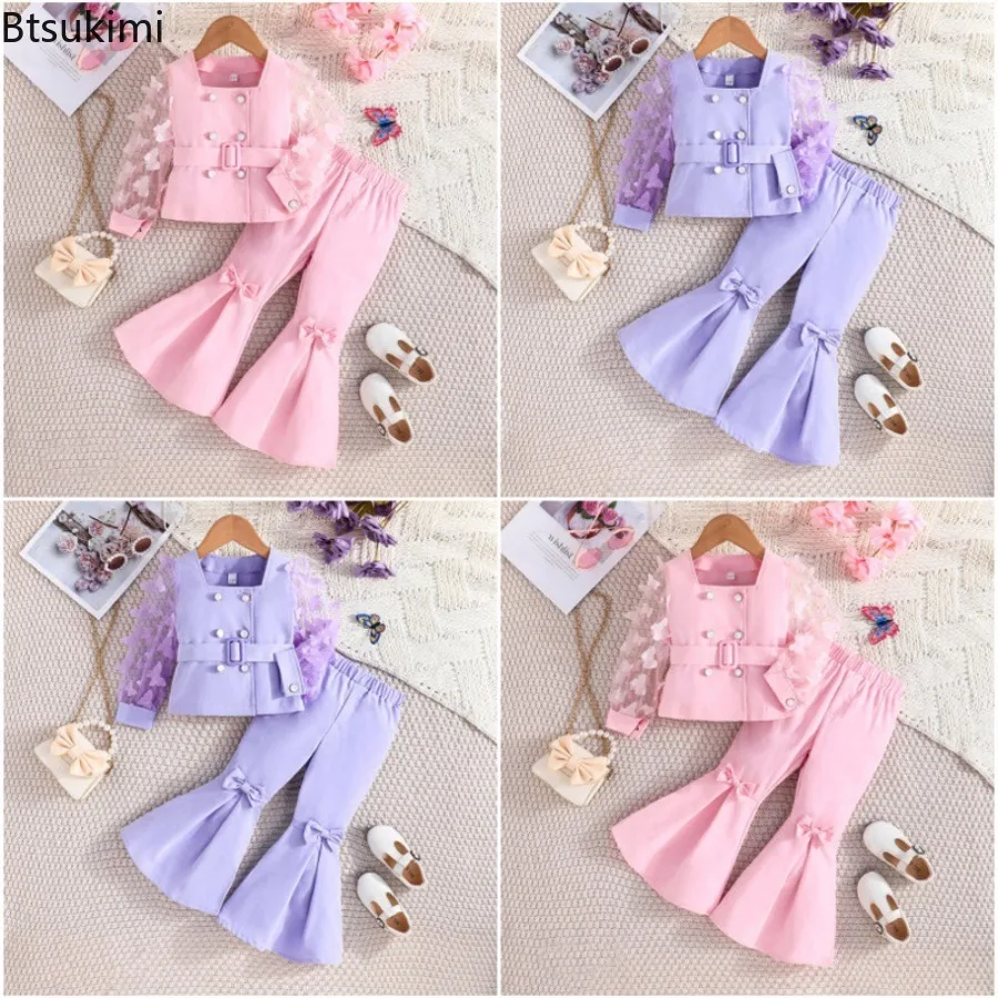 2026 Children's Suit for Girls Blazer Clothing Belted Lapel Butterfly Sleeve Jacket+Pink Pants Kids Clothes Luxury Girls Sets
