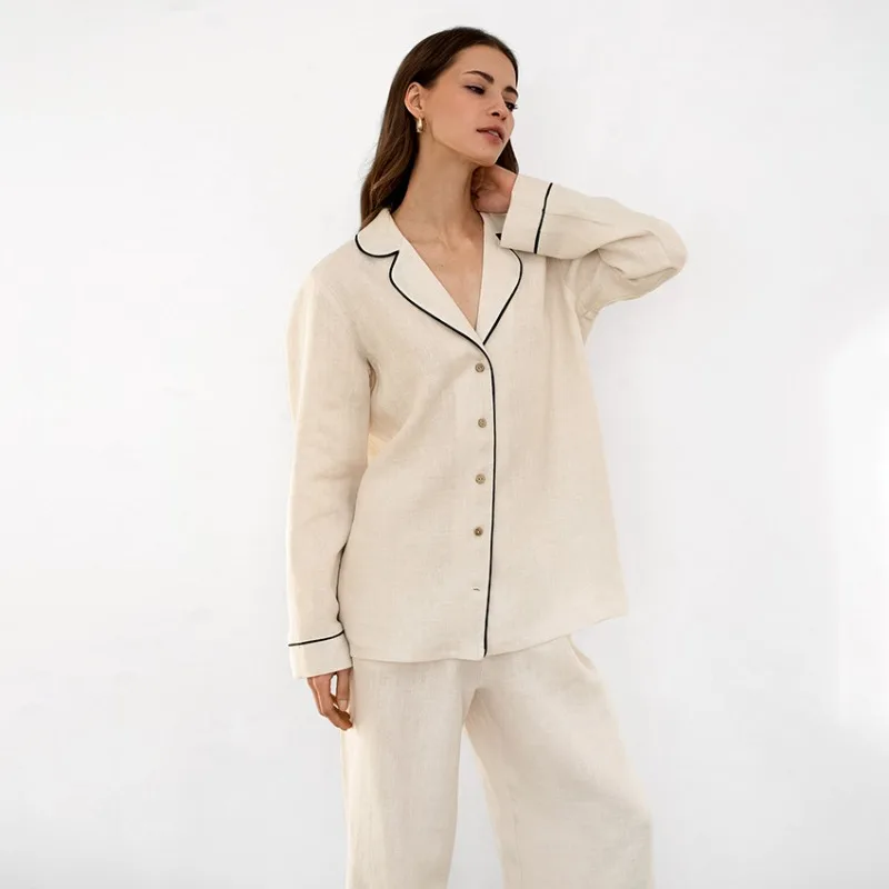 2026 New European American Women's Summer Loungewear Loose Comfortable Cotton Linen Long Sleeved Pajamas Lapel Design L Size