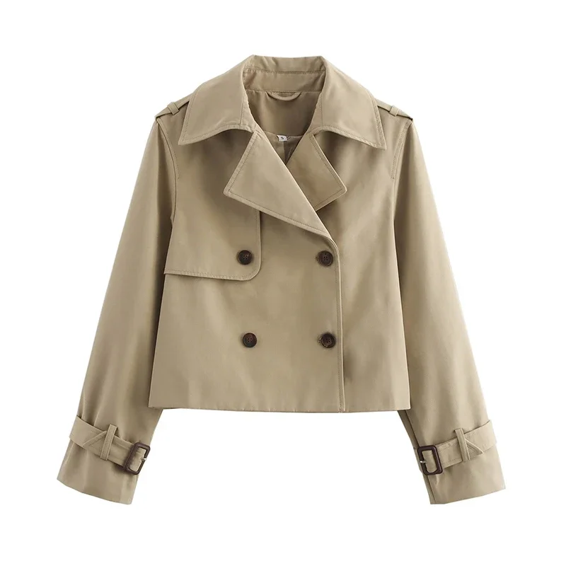 

New Autumn Women Solid Cropped Trench Coat Vintage Double Breasted Long Sleeve Short Jacket Lapel Collar Windbreaker