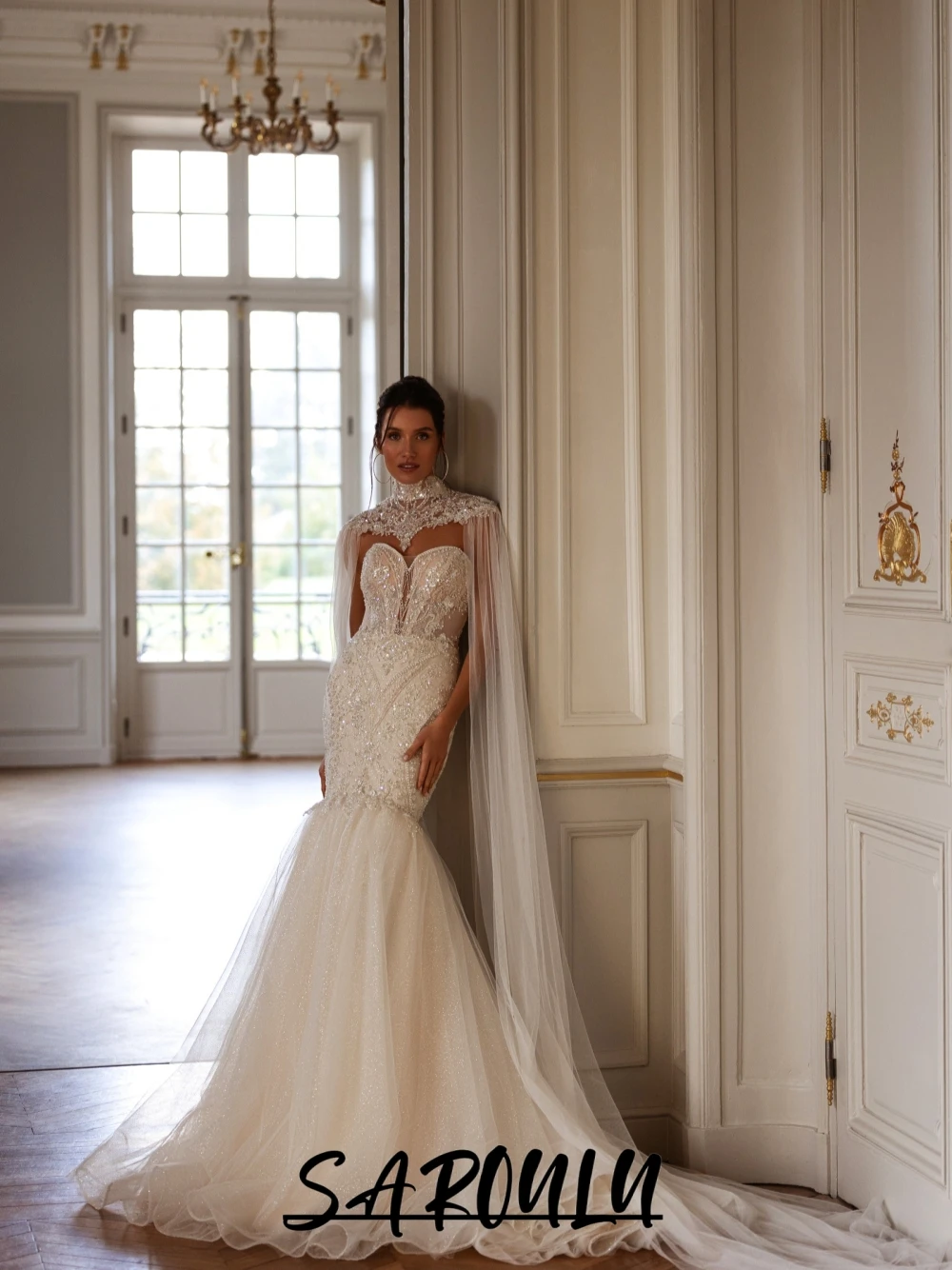 

Regal Mermaid Pearls Beaded Wedding Dress With Cape Dreamy Sweetheart Neck Shimmering Destination Customized Bridal Gown