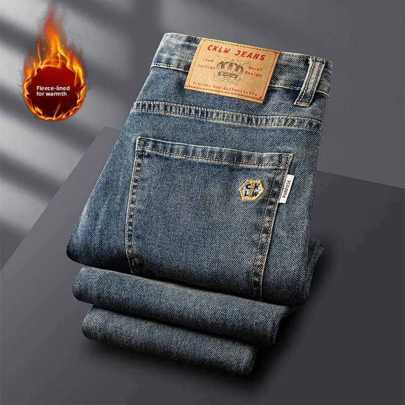 

Роскошные джинсы Thiened Fce на подкладке, оригинальные товары для хвоста, вельветовые мужские джинсы с низкой талией, большие размеры, недеформируемые весенние