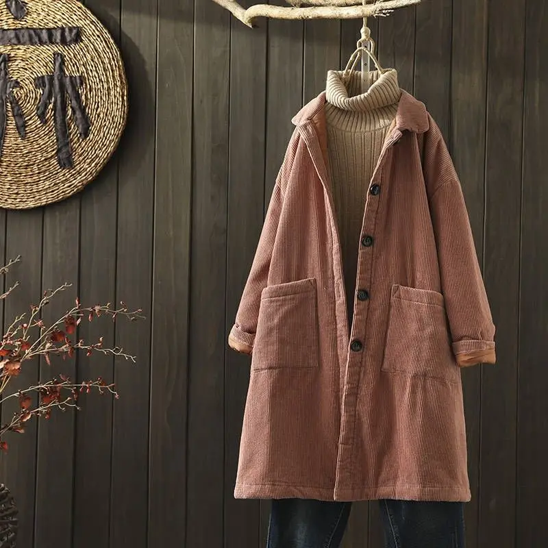 

Women's Winter Corduroy Cotton Jacket Thickened Long Sleeve Collar Mid-Length Coat with Pockets Vintage Style Commute Fa...