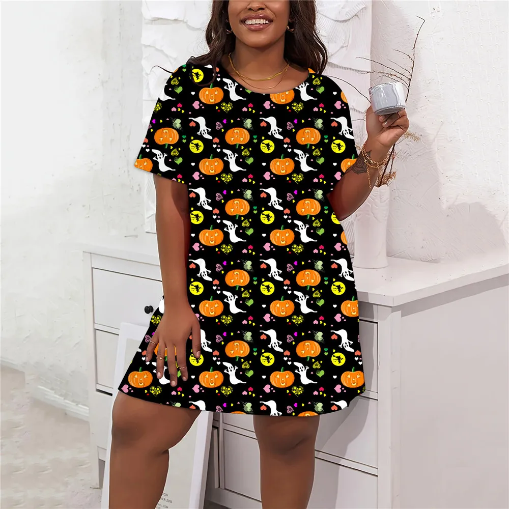 Halloween Women Party Mini Dresses Casual Short Sleeve Loose A-Line Dress Summer Autumn Fashion Plus Size Women Clothing 8XL 9XL