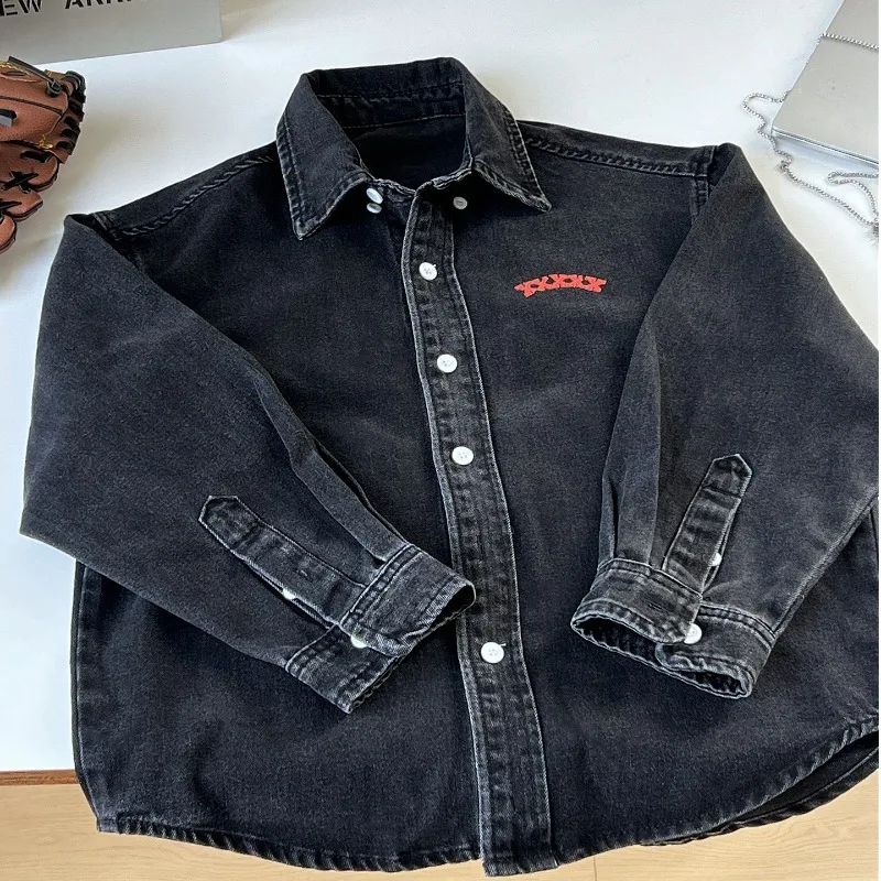 2026 Autumn New Boys Denim Shirt Korean Version of Super Cool Children's Lapel Jacket Trendy Brand Girls Denim Jacket