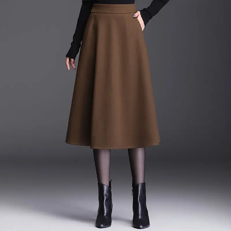 Woolen  A-Line Skirt Mid Length for Women Fashion High Waist Pleated Skirt with Pockets Fall Winter Office Lady Streetwear Skort