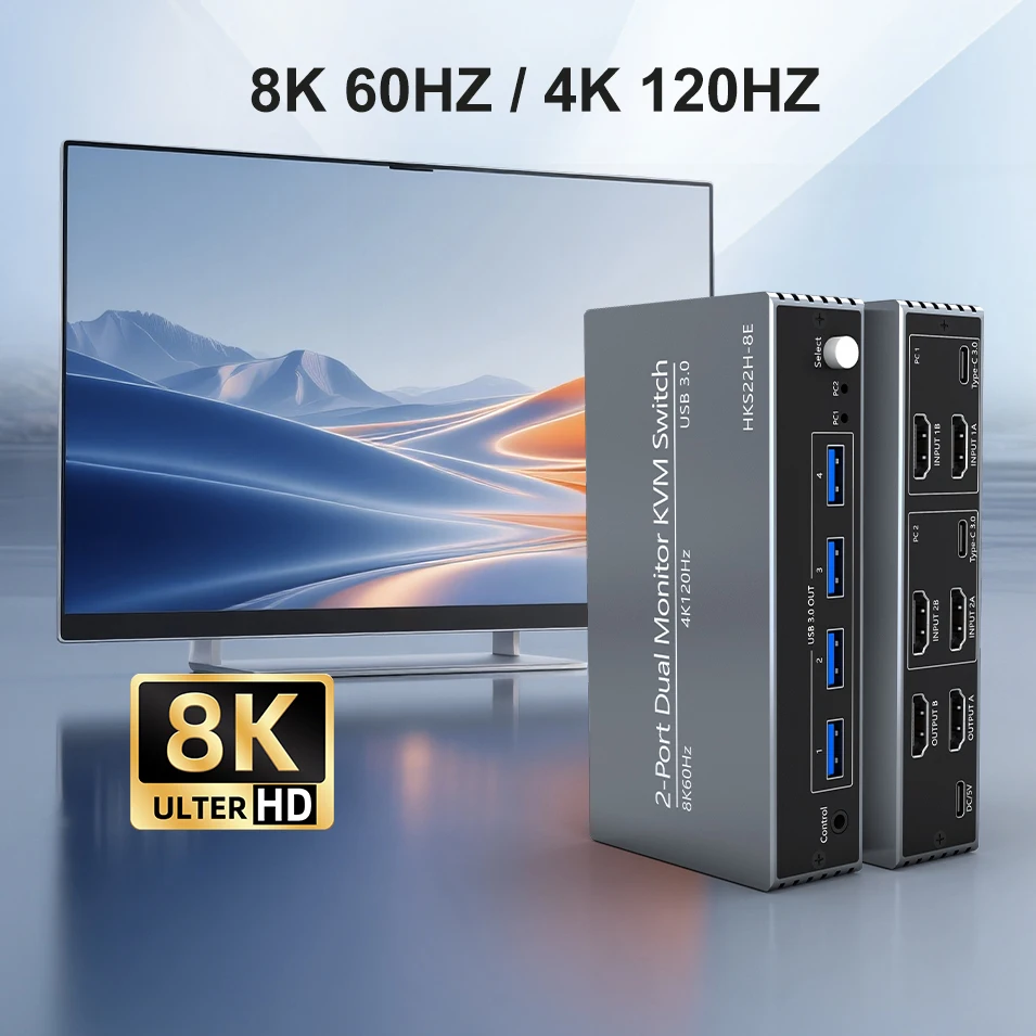8K 60Hz HDMI DP KVM Switcher 2x2 2 in 2 Out 4K 120Hz 4 USB 3.0 , A Set of Mouse and Keyboard Control Two Computers Two Monitors