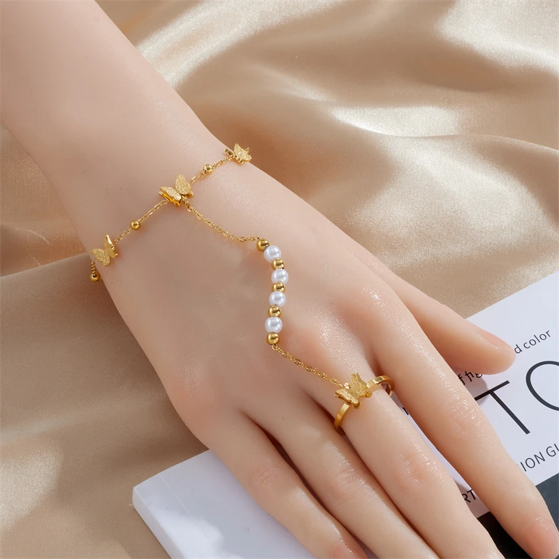DIEYURO 316L Stainless Steel White Shell Solid Butterfly Finger Ring Chain Bracelet For Women New Fashion Jewelry Party Gifts image 6