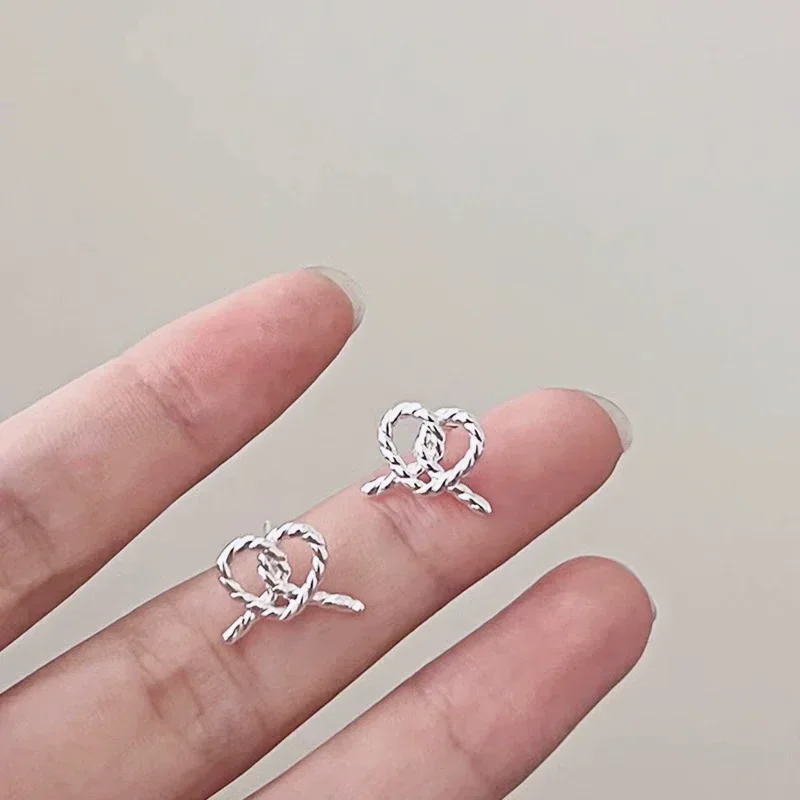 925 Silver Fried Dough Twists Bow Heart Hollow Puncture Stud Earrings for Fashion Women Fine Jewelry Minimalist Accessories