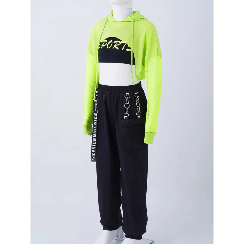 Girls Hip Hop Dance Costume Kids Hooded Cover Up Crop Tops Sports Bra Vest and Jogger Pants Suit Jazz Modern Street Dance Wear