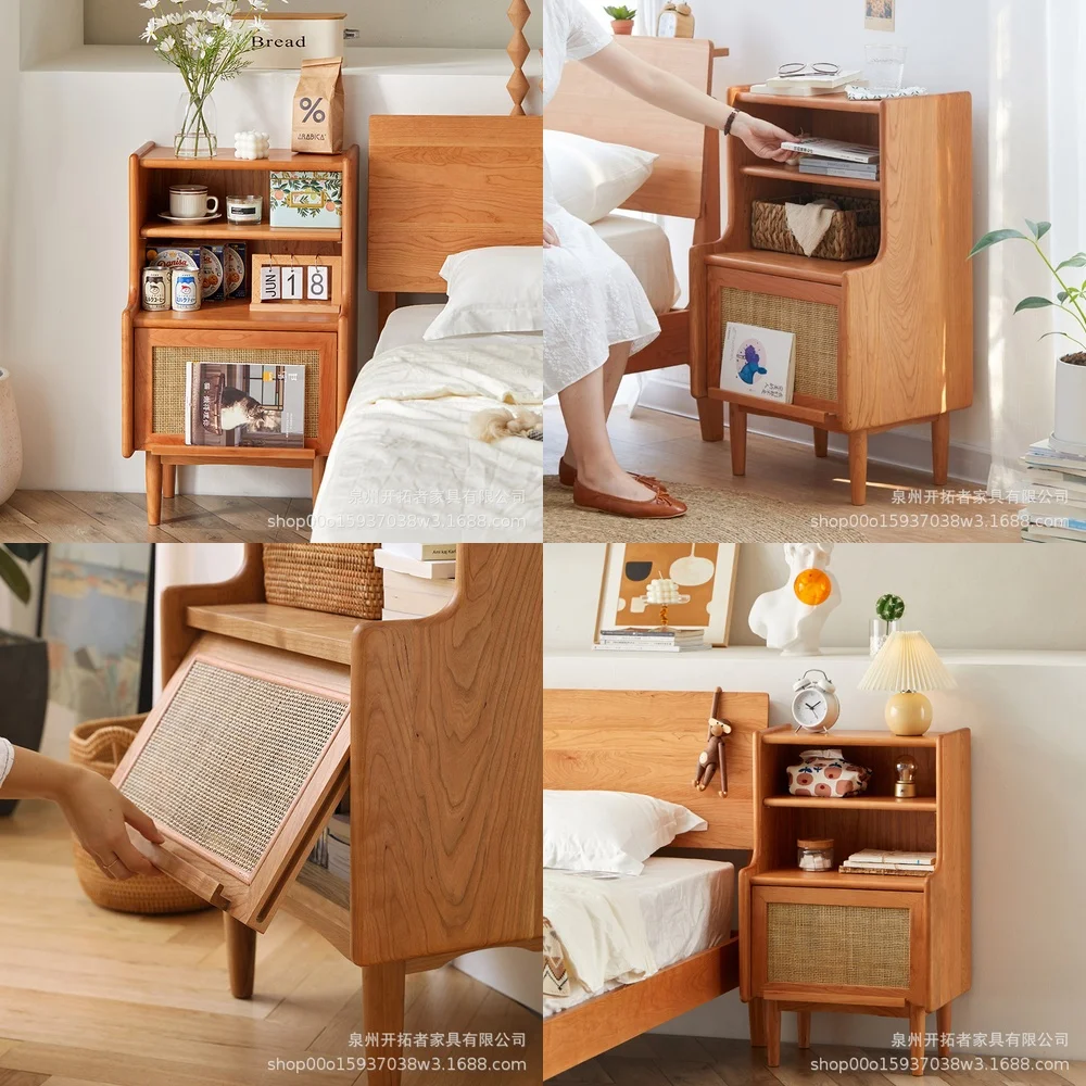 Nordic Solid Wood Rattan Bedside Table for Modern Living Room Bedroom Sofa Side Cabinet Flip Door Magazine Storage Cabinet