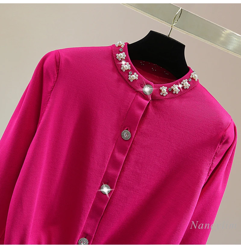 Bead-encrusted Diamond Round Neck Knitted Top Women 2024 Autumn High-waisted Short Rhinestone Buckle Sweater Rose Pink Cardigan