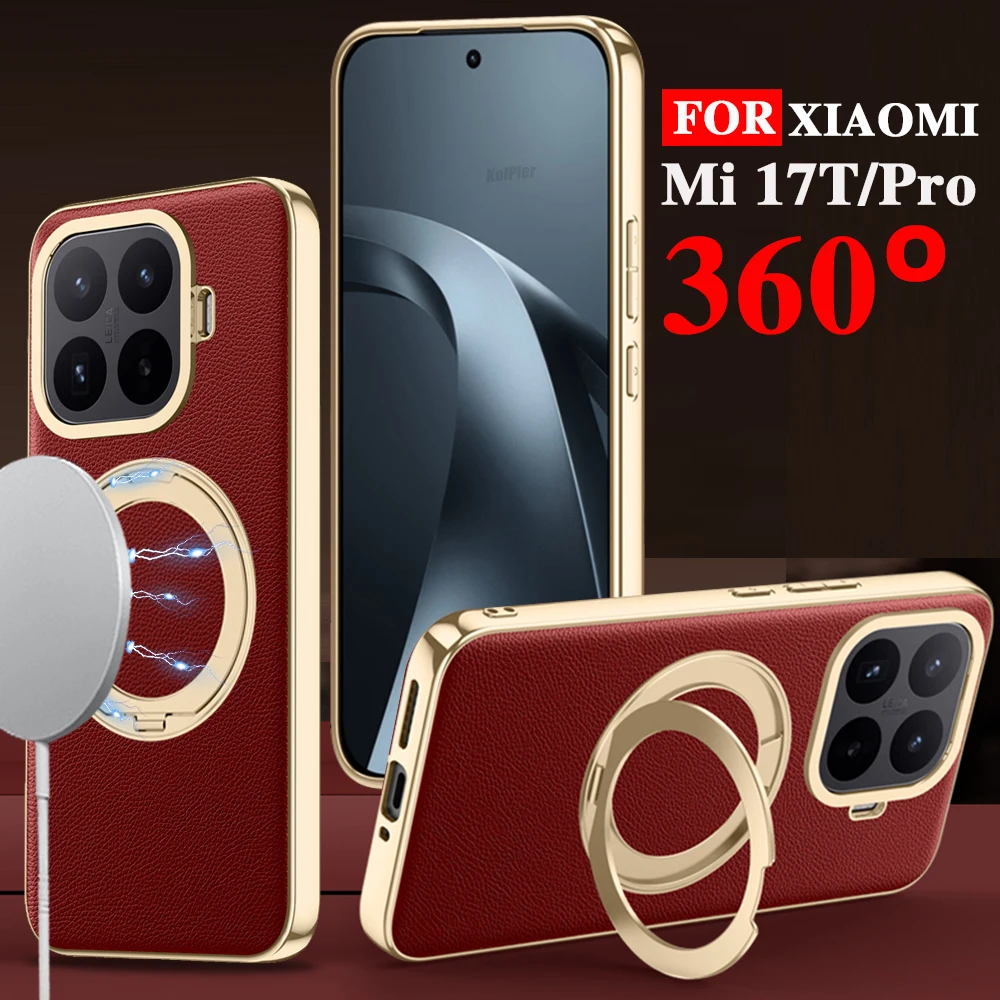 Luxury Ring Holder Leather Case For Xiaomi Mi 17T Pro Mi17T 2026 Magnetic Protection Anti-fingerprint Hard Plating Stand Cover